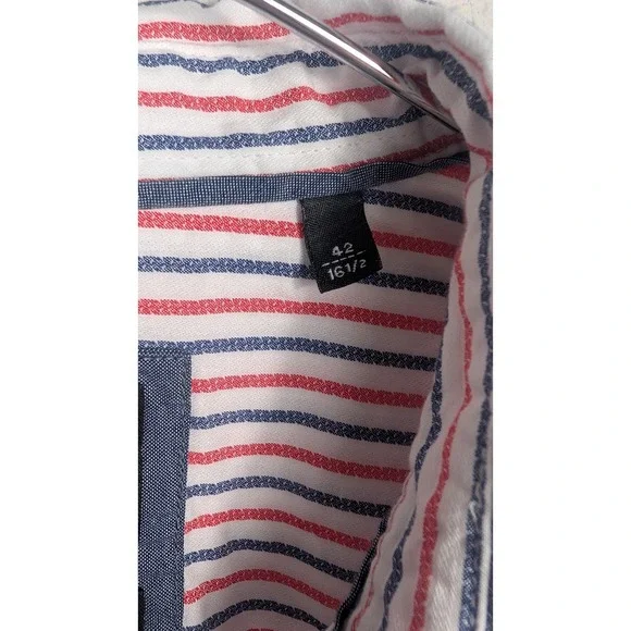 SISLEY Mens Slim Fit Red Blue Striped Button Down Long Sleeve Shirt Size 16 1/2 - Picture 3 of 8